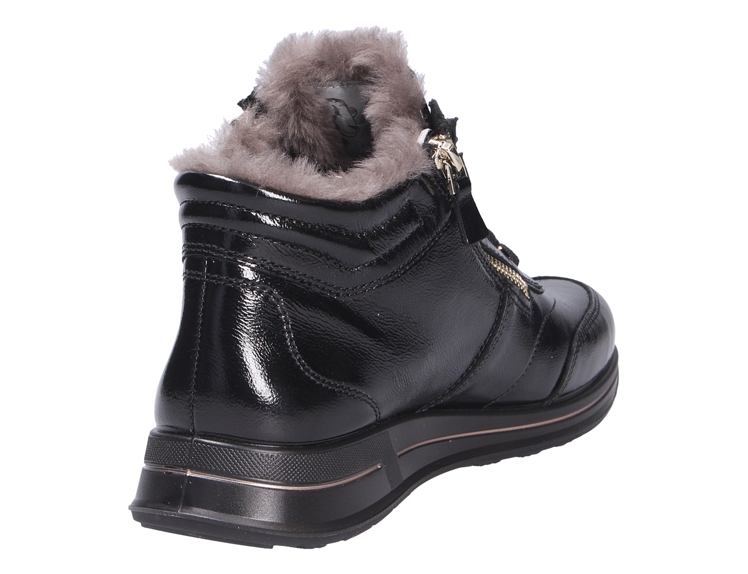 Ara OSAKA Damen-Stiefelette in Schwarz, glänzendes Lackleder mit grauem Warmfutter und seitlichem Reißverschluss, Rückansicht