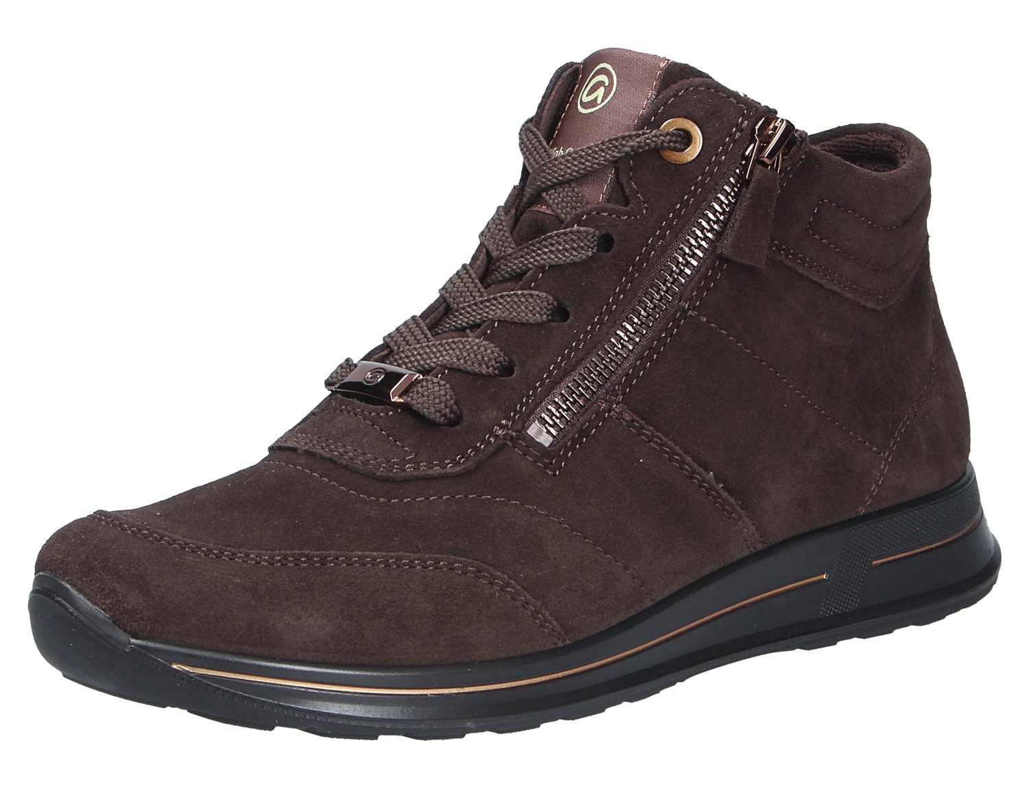 Ara OSAKA Damen-Sneaker in Braun aus Veloursleder, knöchelhoch mit Schnürung, seitlichem Reißverschluss und schwarzer Laufsohle
