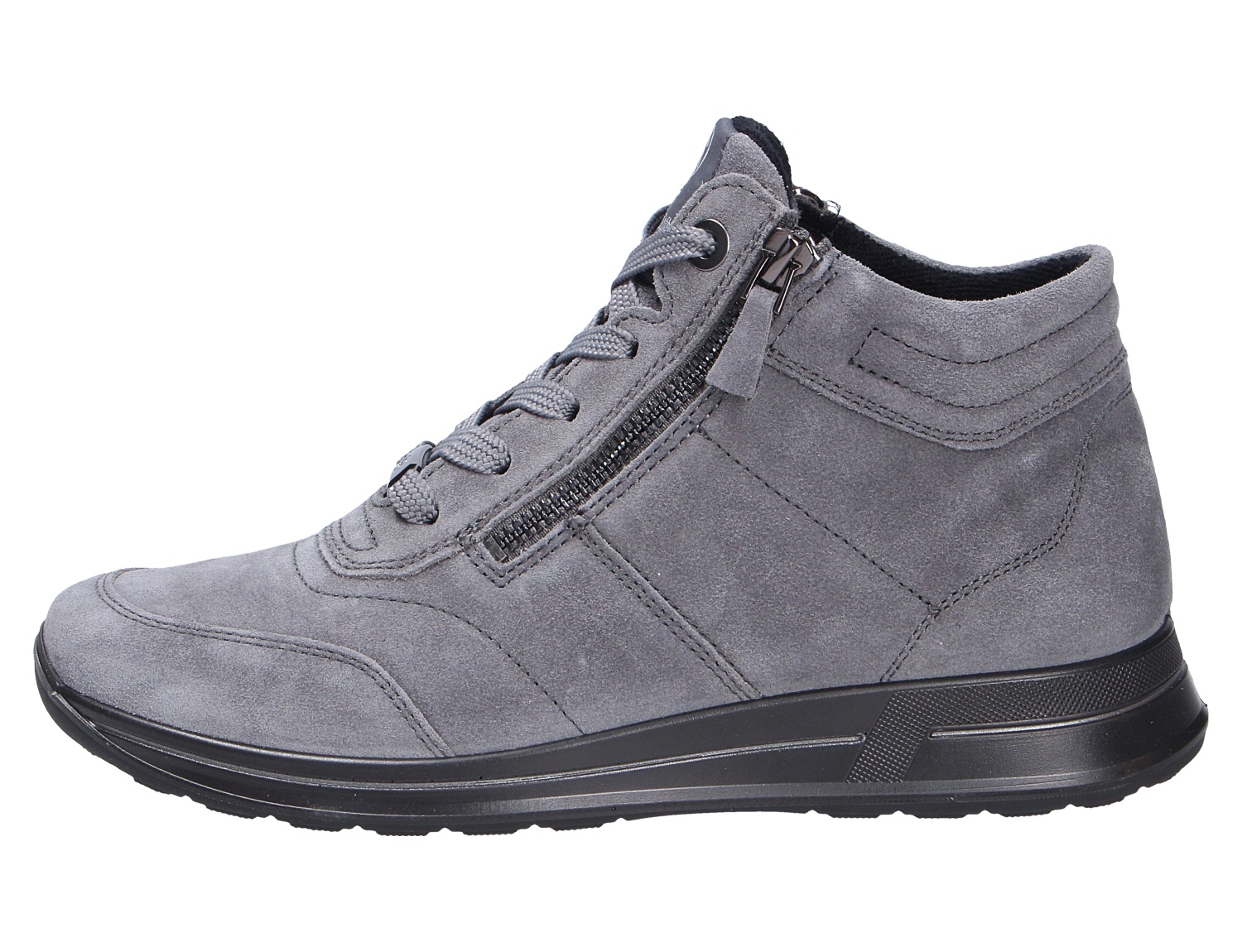 Ara OSAKA knöchelhoher Damen-Sneaker aus grauem Veloursleder mit seitlichem Reißverschluss, Schnürung und schwarzer Sohle